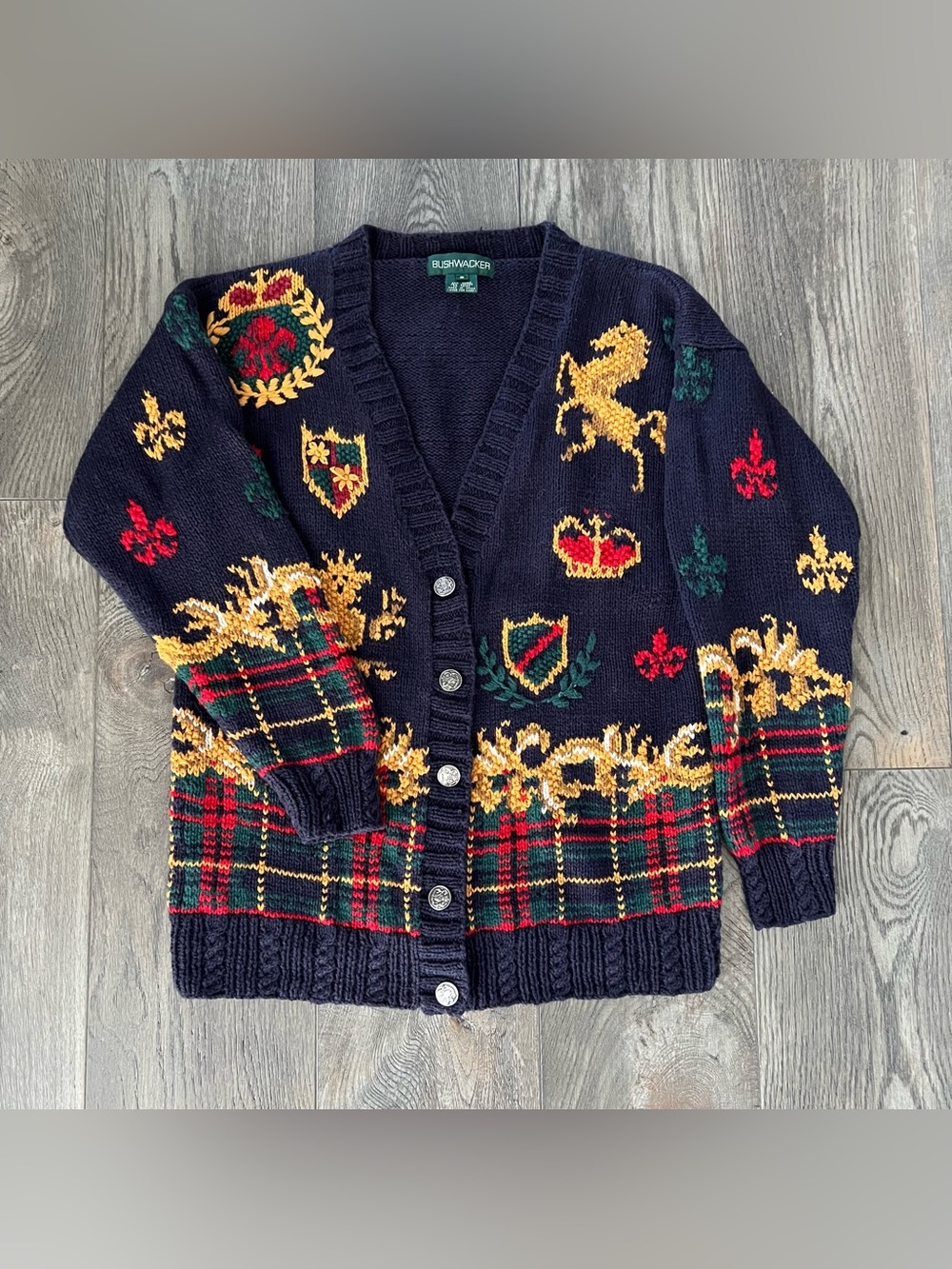 Vintage 90s BUSHWACKER Academic Collegiate Knit Cardigan Sweater Size S